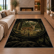 Hunting Scope Buck rug in a living room with a fireplace