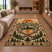 Mountain Lodge Emblem rug in a living room with a fireplace