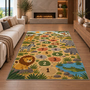 Safari animal hopscotch rug with lions, elephants and numbered stepping circles, styled beside a sofa