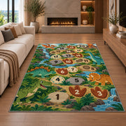 Green dinosaur hopscotch rug with prehistoric plants and numbered footprints, styled beside a sofa