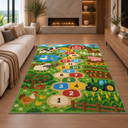 Green farm animal hopscotch rug with numbered circles, barn, tractor and fields, styled beside a sofa