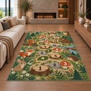Woodland animal hopscotch rug with earthy numbered circles and green forest foliage, styled beside a sofa