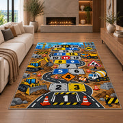 Construction truck hopscotch rug with numbered road tiles, diggers and traffic signs, styled beside a sofa