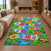 Rainbow adventure game rug with numbered colorful path tiles and activity prompts, styled beside a sofa