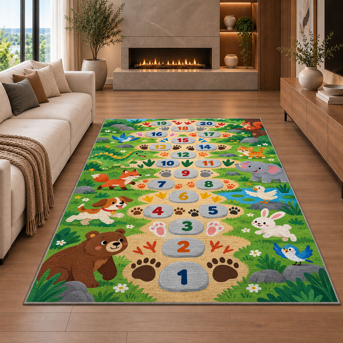 Green animal footprint hopscotch rug with colorful numbers, flowers and friendly animals, styled beside a sofa