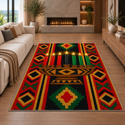 Kwanzaa Kinara Rug in a living room with a fireplace