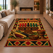 Kwanzaa Mkeka Rug in a living room with a fireplace