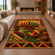 Kwanzaa Table Rug in a living room with a fireplace