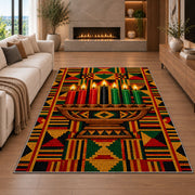 Kente Pattern Kwanzaa Rug in a living room with a fireplace
