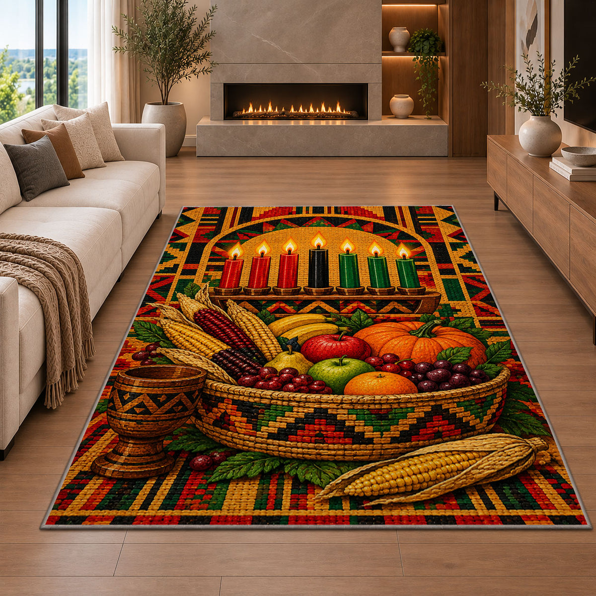 Kwanzaa Harvest Basket Rug in a living room with a fireplace