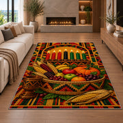 Kwanzaa Harvest Basket Rug in a living room with a fireplace