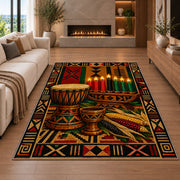 Djembe Drum Kwanzaa Rug in a living room with a fireplace