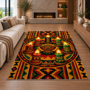 Seven Candles Kwanzaa Rug in a living room with a fireplace
