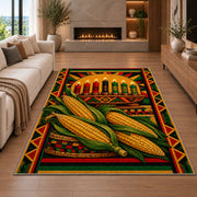 Kwanzaa Corn Rug in a living room with a fireplace