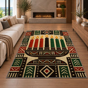 Mudcloth Kwanzaa Rug in a living room with a fireplace