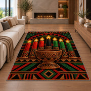 Kwanzaa Unity Cup Rug in a living room with a fireplace