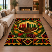 Kwanzaa Wreath Rug in a living room with a fireplace