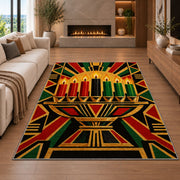 Art Deco Kwanzaa Rug in a living room with a fireplace