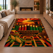 African Sunset Kwanzaa Rug in a living room with a fireplace