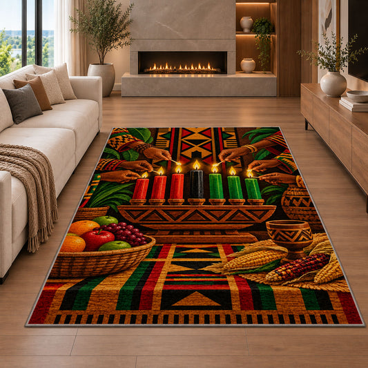 Kwanzaa Candle Lighting Rug in a living room with a fireplace