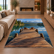 Lake dock with Adirondack chairs rug in a living room with a fireplace