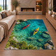Kayaks on turquoise lake rug in a living room with a fireplace