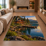 Lakeside log cabin at sunset rug in a living room with a fireplace