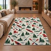 Lake life pattern rug in a living room with a fireplace