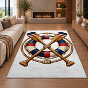 Crossed oars and life ring rug in a living room with a fireplace