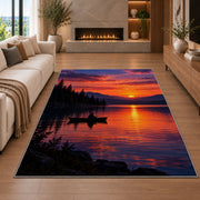 Lake sunset fishing rug in a living room with a fireplace