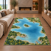 Illustrated lake map rug in a living room with a fireplace