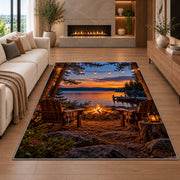Lakeside campfire with chairs rug in a living room with a fireplace