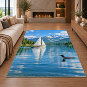 Sailboat and loon on lake rug in a living room with a fireplace