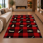 Buffalo plaid lake icons rug in a living room with a fireplace