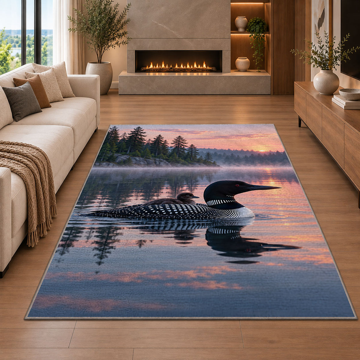 Loon and chick at sunrise rug in a living room with a fireplace