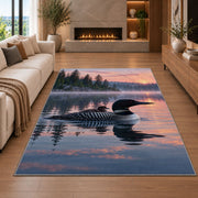Loon and chick at sunrise rug in a living room with a fireplace