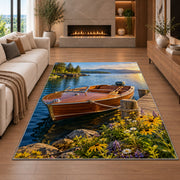 Classic wooden boat at dock rug in a living room with a fireplace