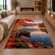 Autumn lake with rowboat rug in a living room with a fireplace