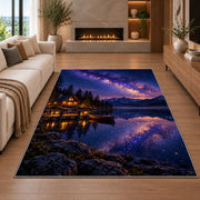 Milky Way over lake cabin rug in a living room with a fireplace