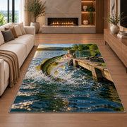 Bass jumping by dock rug in a living room with a fireplace