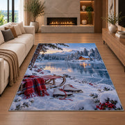 Frozen lake winter scene rug in a living room with a fireplace
