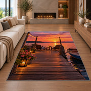 Dock with string lights at sunset rug in a living room with a fireplace