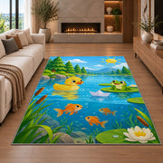 Cartoon pond with duck and frog rug in a living room with a fireplace