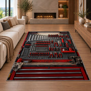Mechanic tool pegboard rug in a living room with a fireplace