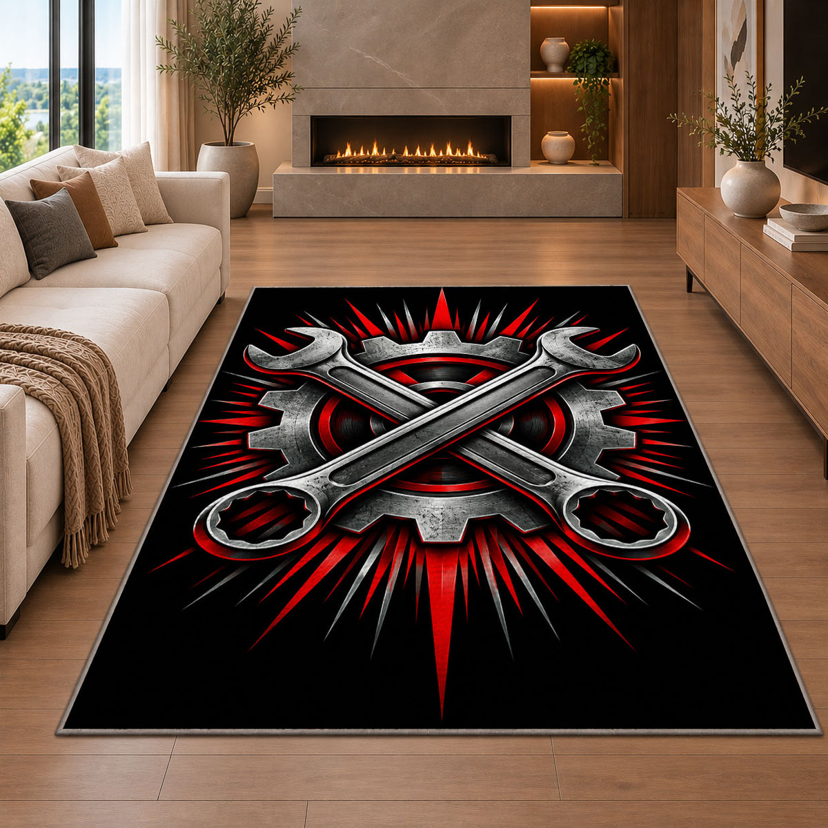 Crossed wrenches and gear rug in a living room with a fireplace