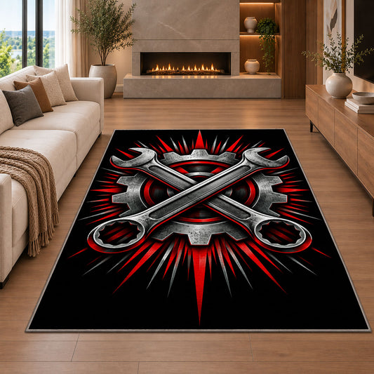Crossed wrenches and gear rug in a living room with a fireplace