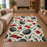 Auto repair tools pattern rug in a living room with a fireplace