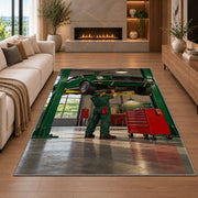 Classic car on a garage lift rug in a living room with a fireplace