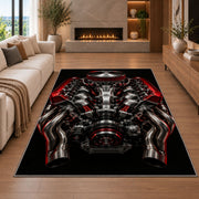 V8 engine from above rug in a living room with a fireplace