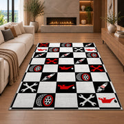 Checkered racing garage rug in a living room with a fireplace